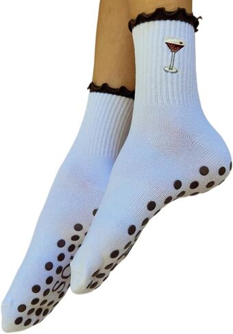 Non-Slip Pilates Socks with Grips for Women | Cute Grip Socks for Yoga Ballet Barefoot Workout | Design Anti Skid Athletic Socks | Set of 1 | Size 5-9 US Womens | Espresso Martini Crew Fit in Saudi Arabia