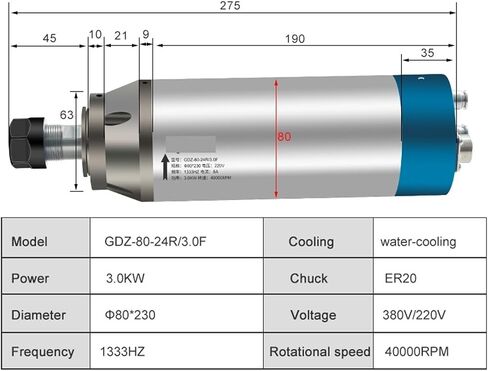 3KW CNC محرك المغزل المبرد بالمياه 220V/380V Z-AXIS ER20 1333Hz 40000RPM (3.0KW ER20 380V) in Saudi Arabia