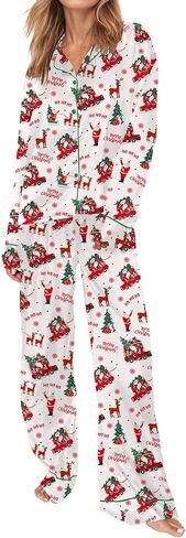 Sheshow Satin Pajamas for Women مجموعة طويلة الأكمام زر أسفل الحيوانات طباعة PJS مجموعات 2 قطعة صالة ملابس النوم XS-XXL in Kuwait