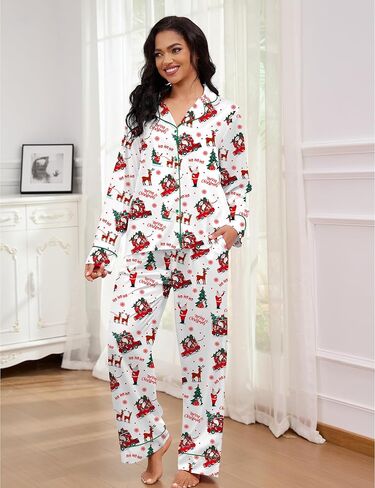 Sheshow Satin Pajamas for Women مجموعة طويلة الأكمام زر أسفل الحيوانات طباعة PJS مجموعات 2 قطعة صالة ملابس النوم XS-XXL in Kuwait