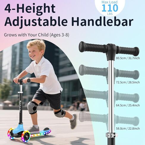 BELEEV A6 Kids Scooter مع عجلات LED LED Light-Up و Deck ، 3 عجلات من الركلات للأطفال الصغار الفتاة الذين تتراوح أعمارهم بين 3-8 ، 4 مقود قابل للتعديل ، هزيل إلى توجيه ، غير قاطع ، سكوتر لايتوي الخفيف للأطفال in Kuwait