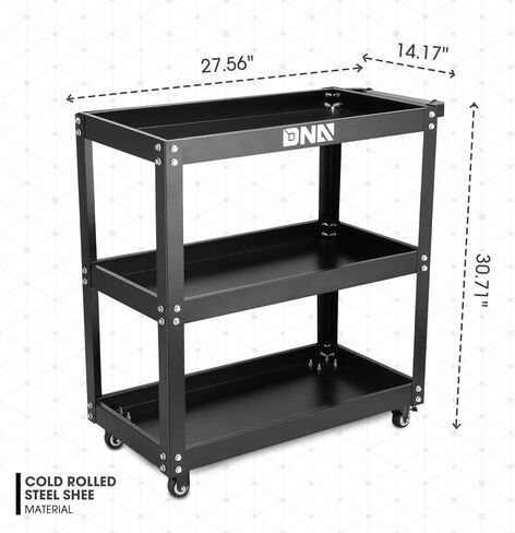 DNA Motoring 3 Tier Rolling Tool Cart ، عربة أداة خدمة المتداول الثقيلة مع 3 إطارات ، عربة خدمة معدنية للمستودعات ، المرآب ، المكتب ، ورشة عمل ، أدوات-00796-BK in Saudi Arabia