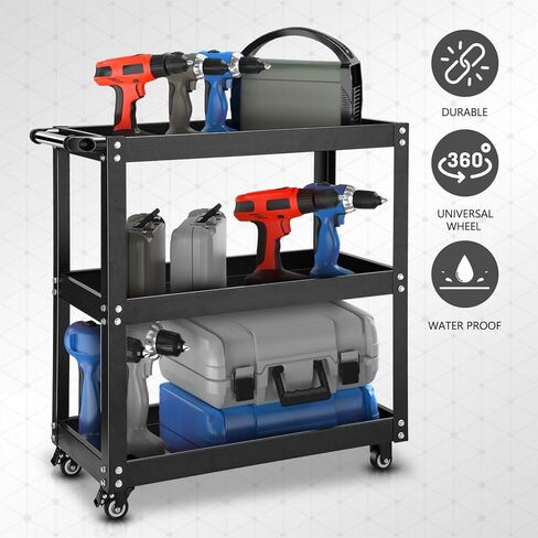 DNA Motoring 3 Tier Rolling Tool Cart ، عربة أداة خدمة المتداول الثقيلة مع 3 إطارات ، عربة خدمة معدنية للمستودعات ، المرآب ، المكتب ، ورشة عمل ، أدوات-00796-BK in Saudi Arabia