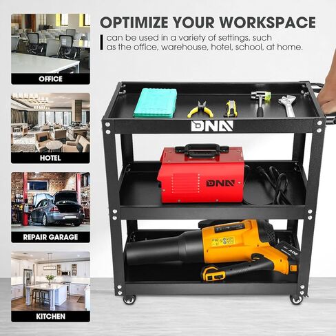 DNA Motoring 3 Tier Rolling Tool Cart ، عربة أداة خدمة المتداول الثقيلة مع 3 إطارات ، عربة خدمة معدنية للمستودعات ، المرآب ، المكتب ، ورشة عمل ، أدوات-00796-BK in Saudi Arabia