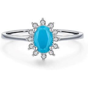 925 Sterling Silver Oval Turquoise and Cubic Zirconia Statement Bridal Engagement Princess Diana Kate Middleton Royal Ring for Women