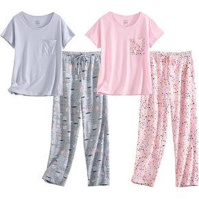 PNAEONG 2 Pack: Womens Pajama Sets Cotton Pajama Sets for Women 2 piece Short & Long Sleeve Top with Pants pj sets