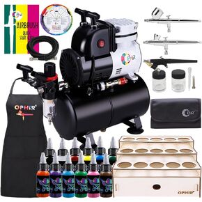 OPHIR Professional 3x Airbrush Kit & 3L Air Compressor Tank with 12 Colors Set Acrylic Paint & Wooden Paint Rack for Model Hobby Crafts Painting, Two Modes for Pressure Up To 86PSI