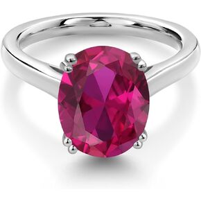 Gem Stone King 925 Sterling Silver Red Created Ruby and White Diamond Solitaire Engagement Ring For Women (4.03 Cttw, Oval 11X9MM, Available in size 5, 6, 7, 8, 9)