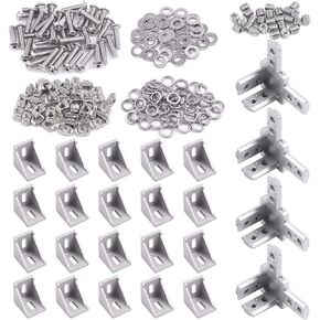 Glarks 216Pcs 3030 Series Aluminum Profile Connector Set Include 20Pcs 3030 Corner Bracket, 40Pcs M6 T Nuts, 4Pcs 3-Way End Corner Bracket Connector, M5 x 20 Button Head Screw Bolts and Flat Washers