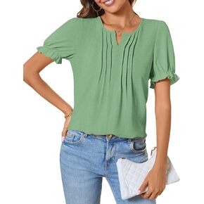 CATHY Women's V Neck Tops Puff Short Sleeve T-Shirts Fashion Summer Pleated Tunic Casual Work Blouse