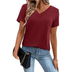 Amoretu Women Summer Tshirt Shirt V Neck Short Sleeve Tops Curved Hem Basic Tee