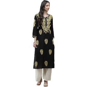 Ada Indian Straight Cotton Kurta Hand Embroidered Traditional Chikankari Women's Tunic Kurti A411287