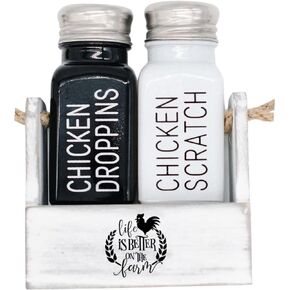 Modern Farmhouse Salt and Pepper Shakers Set Whitewash Caddy - Glass Black and White Shaker Cute - Farmhouse Kitchen Decor for Home