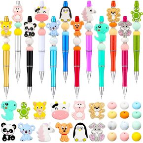 Ctosree 12 Pcs Beadable Pens Kit Cute Silicone Focal Beads for Pens Bulk Bead Animal Making Kit for Birthday Gifts DIY Pen Making Supplies(Animal Style)