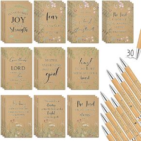 Ctosree Christian Gifts Bulk Inspirational Kraft Notebook Women Prayer Journal Bible Verse Retractable Bamboo Pen Small Scripture Notepad for Mothers Day Gift Religious Party Favor Church(60 Pcs)