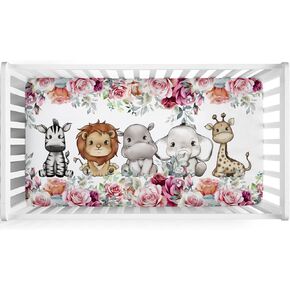 Cute Jungle Safari Animals Tropical Leaves Baby Crib Sheet 52''x28'' Lion Hippo Elephant Giraffe Zebra Fitted Crib Sheet for Standard Crib and Toddler Mattresses Soft Nursery Bed Sheets for Boy Girl