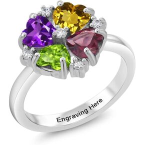 Gem Stone King 925 Sterling Silver Personalized Customized 4 Gemstone Birthstone Name Engraved Heart Shape Ring For Women (Available In Size 5, 6, 7, 8, 9)