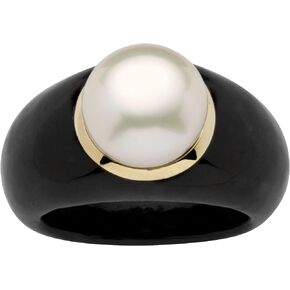 PalmBeach 10K Yellow Gold Round Genuine Cultured Freshwater Pearl set in Genuine Black or Green Jade Ring (11 mm) Size 6
