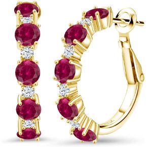 Gem Stone King 18K Yellow Gold Plated Silver Red Created Ruby and White Zirconia Hoop Earrings For Women (2.74 Cttw, Round 4MM and 1.9MM, 1 Inch Diameter)