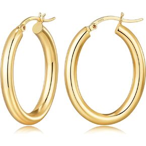4mm Large Gold & Silver Hoop Earrings for Women, 14K Classic Chunky Hoops Earrings with 925 Sterling Silver Post, Lightweight Hypoallergenic Earrings, Simple & Chic Oval Earrings 30/40/50mm