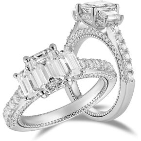 DovEggs Emerald Cut Moissanite Engagement Rings for Women 2ct Total GHI Color 3 Stone Vintage/Antique Moissanite Wedding Ring 14k Gold QUALITY Sterling Silver Anniversary Ring