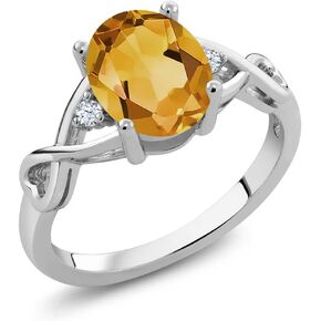 Gem Stone King 925 Sterling Silver Yellow Citrine and White Topaz 3-Stone Engagement Ring For Women (1.55 Ct Oval, Gemstone Birthstone, Available in size 5, 6, 7, 8, 9)