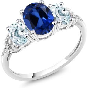 Gem Stone King 10K White Gold Blue Created Sapphire Sky Blue Aquamarine and Diamond Accent 3 Stone Engagement Ring For Women (2.51 Cttw, Available in size 5, 6, 7, 8, 9)