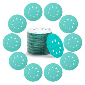 5 Inch 8 Hole Sanding Discs， 50pcs Wet Dry Sandpaper Fine Grit Assortment, Green Polyester Film Backed,Detailing Finishing Color Sanding Automotive Paint Woodworking(800-2000 Grit)