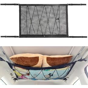 Car Ceiling Storage Net | Double Zipper, Adjustable Strap Prevent Falling, 31"x21"Double-Layer Mesh Long Road Trip Camping Van SUV Roof Cargo Pocket Organizer for Putting Quilt Toys Sundries