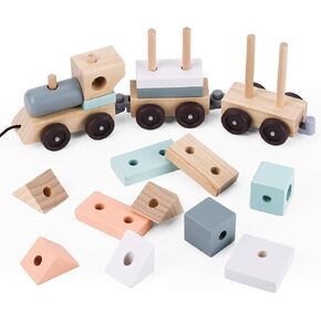 umu Stacking Train - Classic Wooden Toy (17 pcs) - Train Set, Wooden Sorting & Stacking Toys for Toddlers Ages 2+ Years Old, Multi-Colored