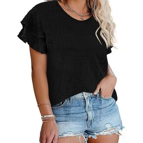 Womens Plus Size Textured Tops Summer Ruffle Short Sleeve Casual T Shirts Crewneck Loose Fit Tee Blouse Shirts