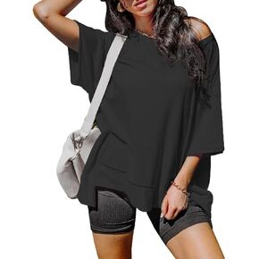Women's Summer Oversized T Shirts Crewneck Short Sleeve Loose Fit Tee High Low Hem Casual Blouses Tops
