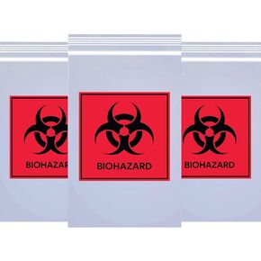 أكياس عينة مع علامة Biohazard 3 × 5 بوصة بسحاب علوي للقفل، حقيبة بلاستيكية سميكة مطبوعة من البولي إيثيلين أكياس النقل للشحن وتغليف العينات باللونين الأسود والأحمر، 100 قطعة in Kuwait