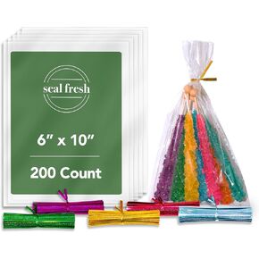 Clear Bag With Unique Twist Ties – 6x10 Inches (200 Count) – Cellophane Party Favor Bags Twist Tie Closable Goodie Bags – Use as Cookie Bags, Snack Bags, Cotton Candy Bags, Treat Bags,