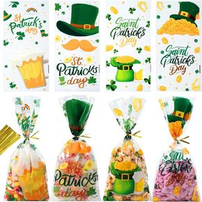 50 Pcs St. Patrick's Day Cellophane Bags, 5 x 10.5 Inches Treat Bags Irish Lucky Bags Shamrock Cellophane Candy Bags with Twist Ties for St. Saint Patrick Day Party Favor Supplies(D)