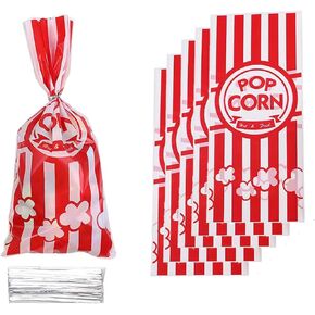 50 Pieces Popcorn Cellophane Bags Carnival Goodie Bags Red and White Stripe Treat Bags with Ribbon for Chocolate Candy Snacks Cookies Carnival Birthday Party Supplies