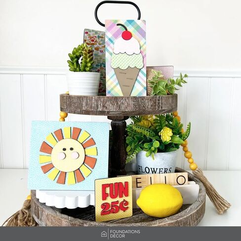 Tiered Tray Decor - Versatile, Wooden 2 Tiered Tray Stand for Home Décor and Figurines - Farmhouse Tier Tray Gray Decor Finish - Round Tiered Tray Decorations by Foundations Decor in Saudi Arabia