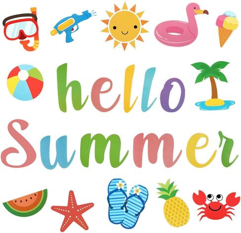 46 Pcs Hello Summer Cutouts Summer Bulletin Board Set Hawaii Ice Cream Watermelon Palm Tree DIY Paper Cutouts Wall Decals Beach Party Decorations for Classroom Kindergarten Party Supplies in Saudi Arabia