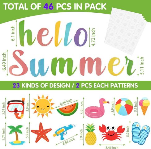 46 Pcs Hello Summer Cutouts Summer Bulletin Board Set Hawaii Ice Cream Watermelon Palm Tree DIY Paper Cutouts Wall Decals Beach Party Decorations for Classroom Kindergarten Party Supplies in Saudi Arabia