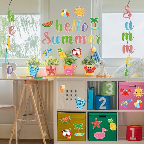 46 Pcs Hello Summer Cutouts Summer Bulletin Board Set Hawaii Ice Cream Watermelon Palm Tree DIY Paper Cutouts Wall Decals Beach Party Decorations for Classroom Kindergarten Party Supplies in Saudi Arabia
