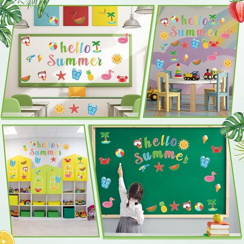 46 Pcs Hello Summer Cutouts Summer Bulletin Board Set Hawaii Ice Cream Watermelon Palm Tree DIY Paper Cutouts Wall Decals Beach Party Decorations for Classroom Kindergarten Party Supplies in Saudi Arabia