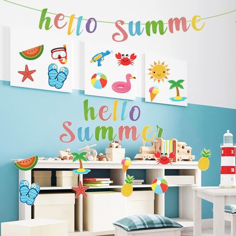 46 Pcs Hello Summer Cutouts Summer Bulletin Board Set Hawaii Ice Cream Watermelon Palm Tree DIY Paper Cutouts Wall Decals Beach Party Decorations for Classroom Kindergarten Party Supplies in Saudi Arabia