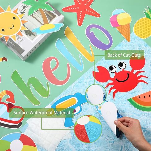 46 Pcs Hello Summer Cutouts Summer Bulletin Board Set Hawaii Ice Cream Watermelon Palm Tree DIY Paper Cutouts Wall Decals Beach Party Decorations for Classroom Kindergarten Party Supplies in Saudi Arabia