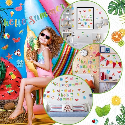 46 Pcs Hello Summer Cutouts Summer Bulletin Board Set Hawaii Ice Cream Watermelon Palm Tree DIY Paper Cutouts Wall Decals Beach Party Decorations for Classroom Kindergarten Party Supplies in Saudi Arabia
