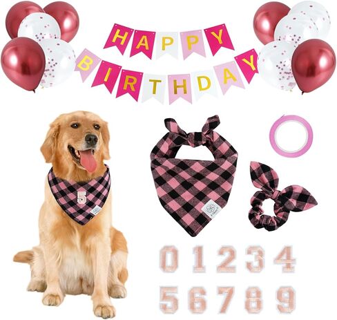 لوازم حفلات أعياد ميلاد الكلاب من إي-كلوفر - باندانا عيد ميلاد للكلاب، بالونات عيد ميلاد متطابقة، لافتة عيد ميلاد سعيد، رقم 0-9 للكلاب المتوسطة والكبيرة، هدية باللون الوردي in Kuwait
