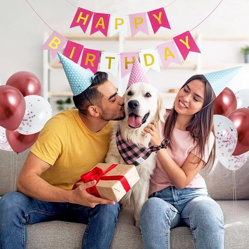 لوازم حفلات أعياد ميلاد الكلاب من إي-كلوفر - باندانا عيد ميلاد للكلاب، بالونات عيد ميلاد متطابقة، لافتة عيد ميلاد سعيد، رقم 0-9 للكلاب المتوسطة والكبيرة، هدية باللون الوردي in Kuwait