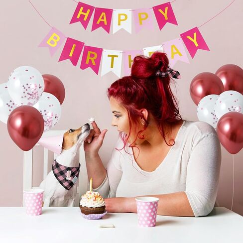 لوازم حفلات أعياد ميلاد الكلاب من إي-كلوفر - باندانا عيد ميلاد للكلاب، بالونات عيد ميلاد متطابقة، لافتة عيد ميلاد سعيد، رقم 0-9 للكلاب المتوسطة والكبيرة، هدية باللون الوردي in Kuwait