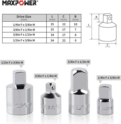 MAXPOWER مجموعة محول مقبس 4 قطع، 1/4 بوصة × 3/8 بوصة، 3/8 بوصة × 1/4 بوصة، 3/8 بوصة × 1/2 بوصة، 1/2 بوصة × 3/8 بوصة in Saudi Arabia