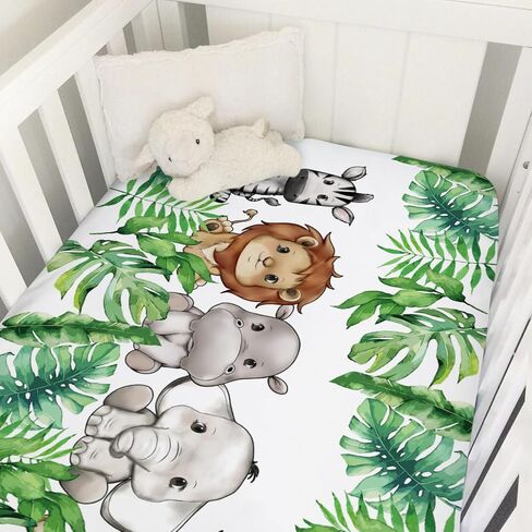 Cute Jungle Safari Animals Tropical Leaves Baby Crib Sheet 52''x28'' Lion Hippo Elephant Giraffe Zebra Fitted Crib Sheet for Standard Crib and Toddler Mattresses Soft Nursery Bed Sheets for Boy Girl in Kuwait
