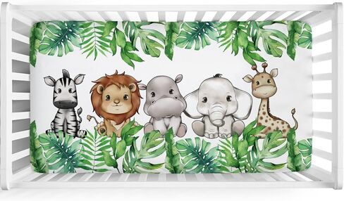 Cute Jungle Safari Animals Tropical Leaves Baby Crib Sheet 52''x28'' Lion Hippo Elephant Giraffe Zebra Fitted Crib Sheet for Standard Crib and Toddler Mattresses Soft Nursery Bed Sheets for Boy Girl in Kuwait